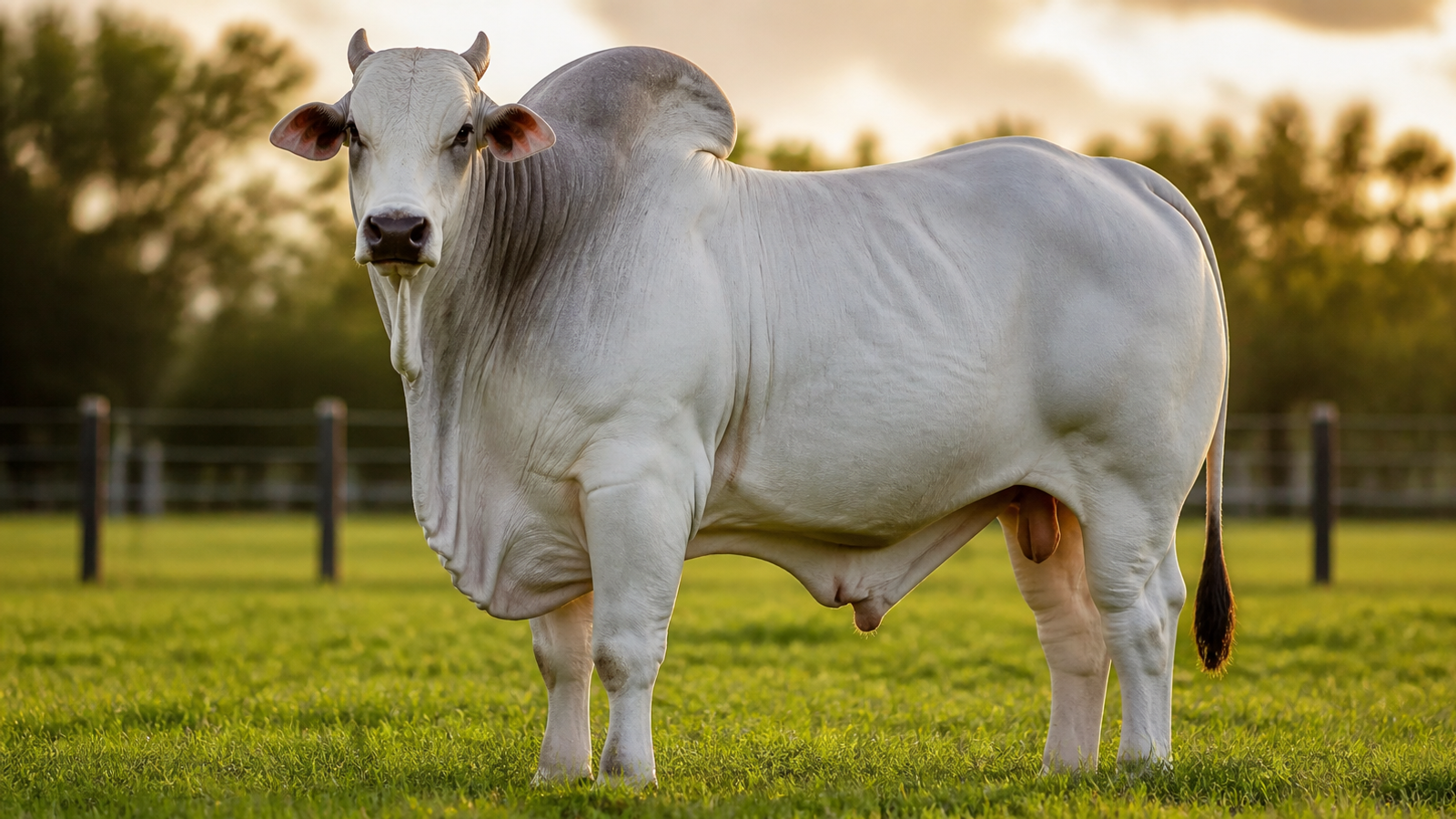 Touro Nelore em pasto ao entardecer na Agropecuária Nelore Áquila